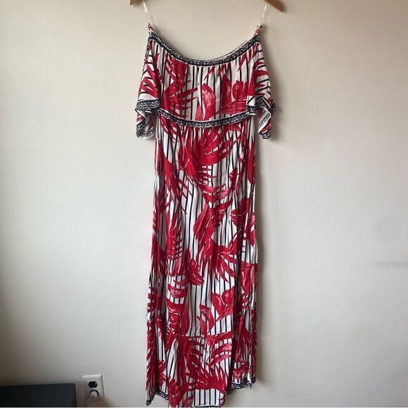 Flying tomato boho red black floral tropical pattern off shoulder dress - Picture 1 of 7